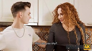 Shame4k. red haired with Curly Hair gives new neighbor pie and a blow-job
