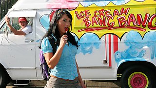 Brunette slut gets doggy style fucked for free ice cream