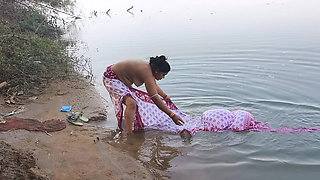 Indian Village Wife Bathing in the River in Outdoor Area