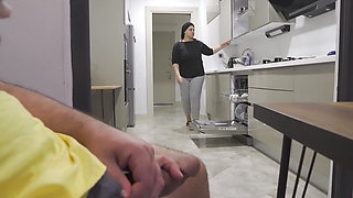 Stepmom caught me jerking off while watching her ass in the Kitchen.