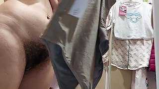 Hot amateur brunette wife shows off her big tits and hairy pussy in tight tights