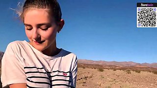 A platinum-blonde youthfull adult damsel likes a public