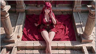 Red-haired Priestesss Forbidden Bath Ancient Stone Corridors Dappled With Light She Lounges In A Circular Pool Overflowing With Liquid