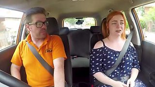 Curvy ginger publicly riding british driving teacher in car