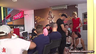 Two sex slaves fucked in public