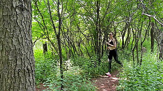Wife gets double creampie in public forest from two guys while out running in yoga pants