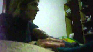 young blonde gives a handjob on friend until he cums