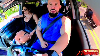 No Shame! Natzinha Flashing Her Tits in Traffic and Rubbing Herself.