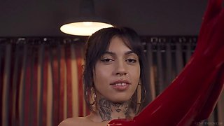 Big-Titted Latex Brunette Hottie in Sexy Fetish Gear Rams Vibrator Deep While Moaning L