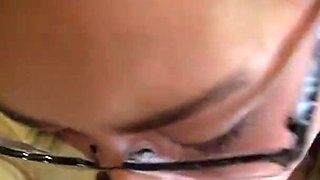 Amateur mirror blowjob with cumshot on glasses