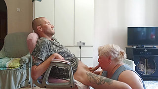 Wife Watches Mother-in-law Doing Deep Blowjob and Swallowing Cum
