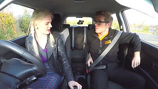 Busty blonde instructor with fake driving license fucks her minx driver