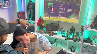 Curvy latina girl loses a bet after a football match POV