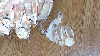 Playing with whipped cream and fruit with my naked feet