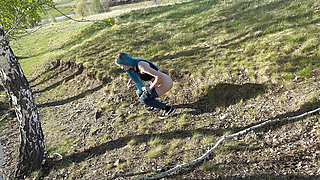 Sex in the woods with busty classmate. Young Russian student takes creampie in pussy