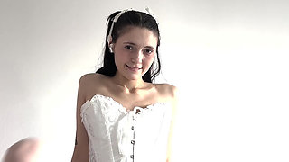 Hot Girl in White Lingerie Corset & Stockings Seductive Strip on Desk