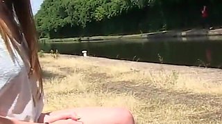 Chessie Kay shows off her natural boobs and pisses on the grass along the boulevard to be happy