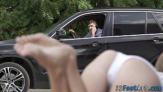 Skinny hottie foot tugs cock