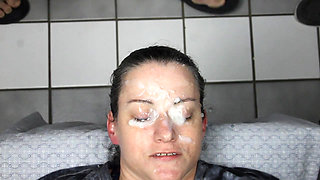 Eyes plastered shut with 2 big loads of cum