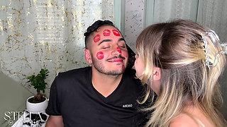 Red Lipstick Kisses Cover His Entire Face