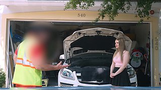 A couple has sex in the car with a mini-skirted girl Harlow West