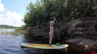 Blonde Solo Girl Naked on a SUP Board
