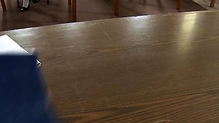 Chubby Asian college chick rides a white boner