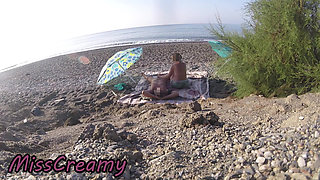 Exhibitionist Wife Outdoor Amateur Milf Blowjob & Handjob Big Cock on Nudity Beach public in front of voyeur with cum