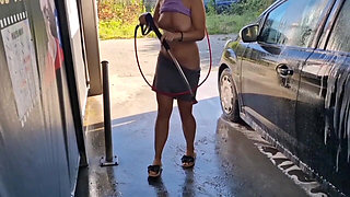I Undress While Washing the Car at the Car Wash, Showing My Tits and Pussy in Public