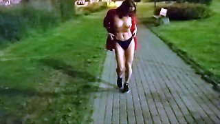 European cougar flashing her tits and masturbating in public