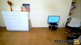 Mature4k. female over fifty in stocking takes salary in form of cock