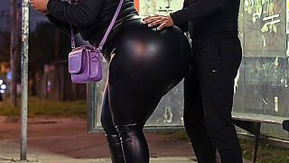 Enormous Rump Latina in Taut Leather Trousers at Bus Stop Peels off to Black Leather G-string