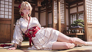 Blonde Kimono Girl! Forbidden Contrast From Shrine to Pure White Bed, Half-unbuttoned, Fingertips Trembling