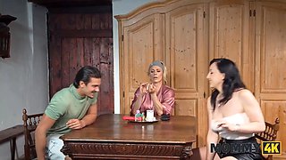 Watch these hot mature blondes ride their young boyfriend on the kitchen table - JOE, Brittany Bardot & Bella Angel