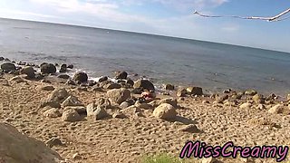 French Amateur Wife Miss Creamy Fucks Big Cock on Nude Beach - Public Sex & Cum in Mouth