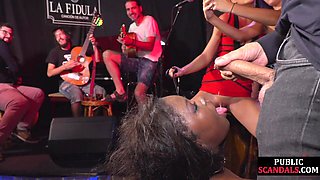 Public throating Ebony sub mouth jizzed in front of voyeurs
