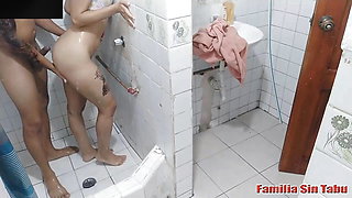 Perverted stepmom her stepson in the bathroom when her husband almost caught them