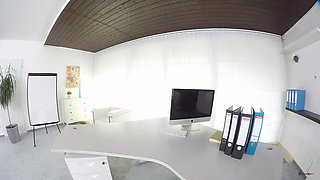 Naughty teen in college uniform masturbates on desk