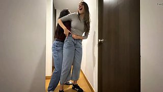 Two strangers play by touching each other under their pants and rubbing their asses