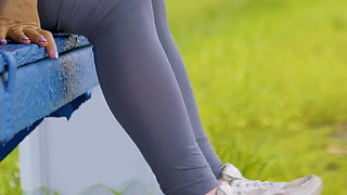 144 Goddess Anya in Tight Spandex: Provocative Leggings Tease at Bus Stop