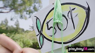 Big boobed naked babe selling lemonade