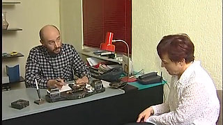 Old slut sucks a huge cock then rides it hard in the office