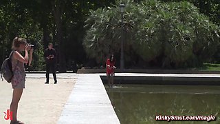 Slave on a leash gang nailed in public