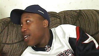 Black slut with big boobs loves sucking big black cock on the couch