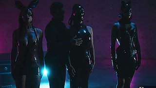 Small Hands and Joanna Angel share a steamy, latex-wearing threesome with Evelyn Claire.