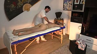 Hidden camera in massage parlor - Chubby masseur fucks client