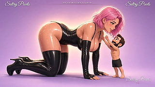 Anime Latex Giantess on All Fours Lets Her Heavy Milky Tits Hang Over a Tiny Man
