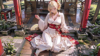 Blonde Kimono Girl's Shrine Secret! Kneeling Under the Torii Gate in a Beige Modified Kimono