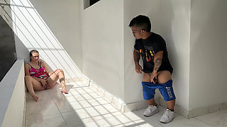 I hear some exciting moans and see my sexy stepsister masturbating; I get horny and decide to lower his horn.