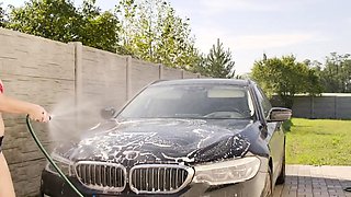 Titty fucking busty bikini car wash hottie